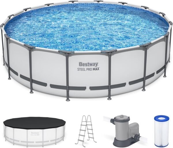 Bestway Steel Pro MAX 16 Foot x 48-Inch Round Metal Frame Above Ground Outdoor Swimming Pool Set