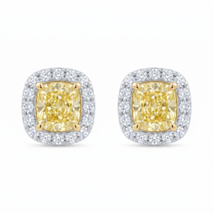 Yellow Diamond Halo Stud Earrings in 14K Two-Tone Gold by Shepherd Jewelry on white background