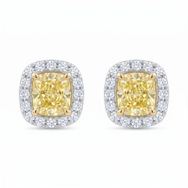 Yellow Diamond Halo Stud Earrings in 14K Two-Tone Gold by Shepherd Jewelry on white background